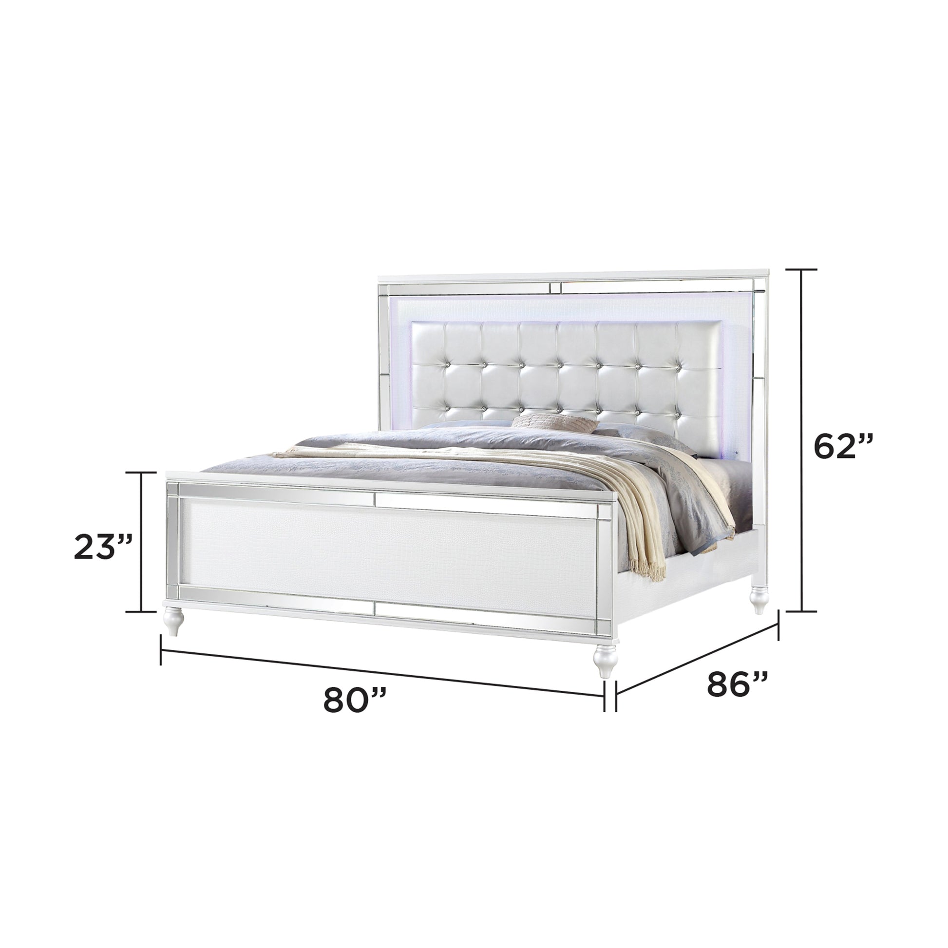 King Size Upholstered LED Bed - White Wood Frame