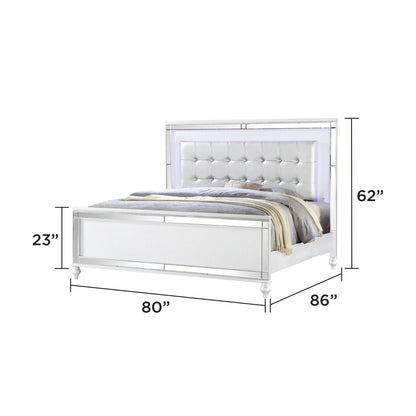 King Size Upholstered LED Bed - White Wood Frame