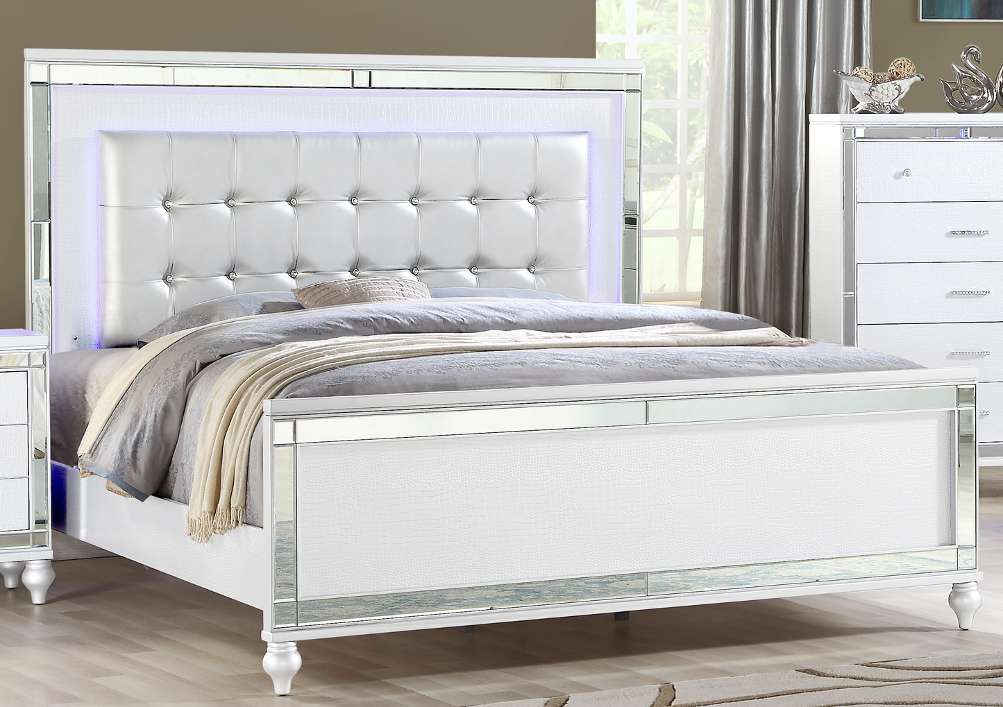 King Size Upholstered LED Bed - White Wood Frame