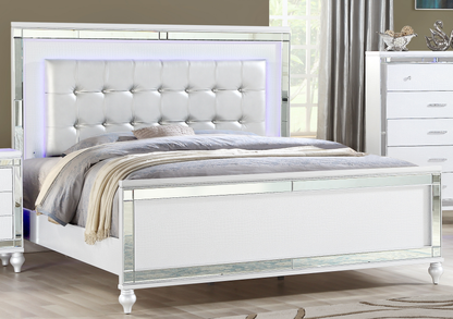 King Size Upholstered LED Bed - White Wood Frame