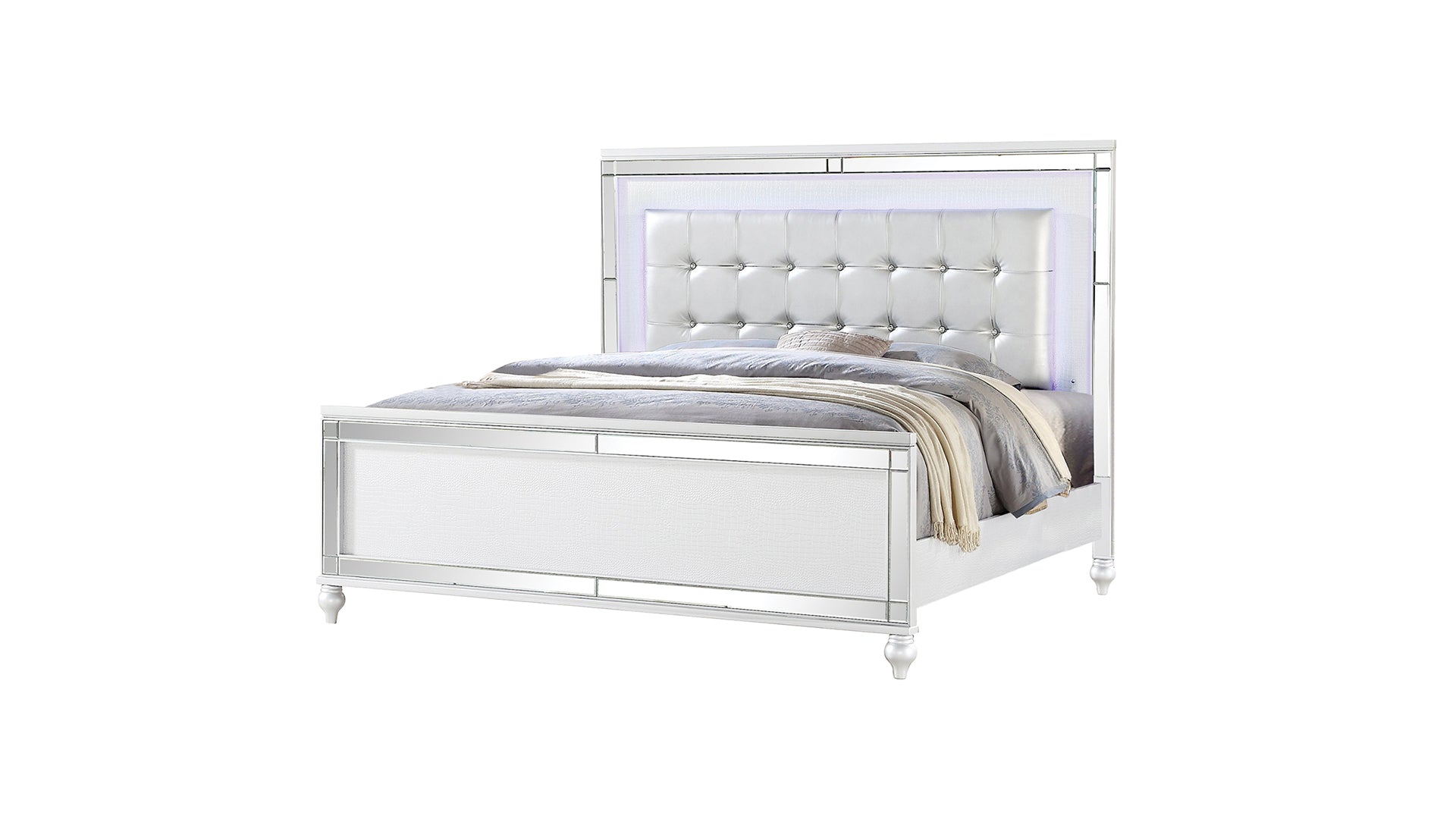 King Size Upholstered LED Bed - White Wood Frame