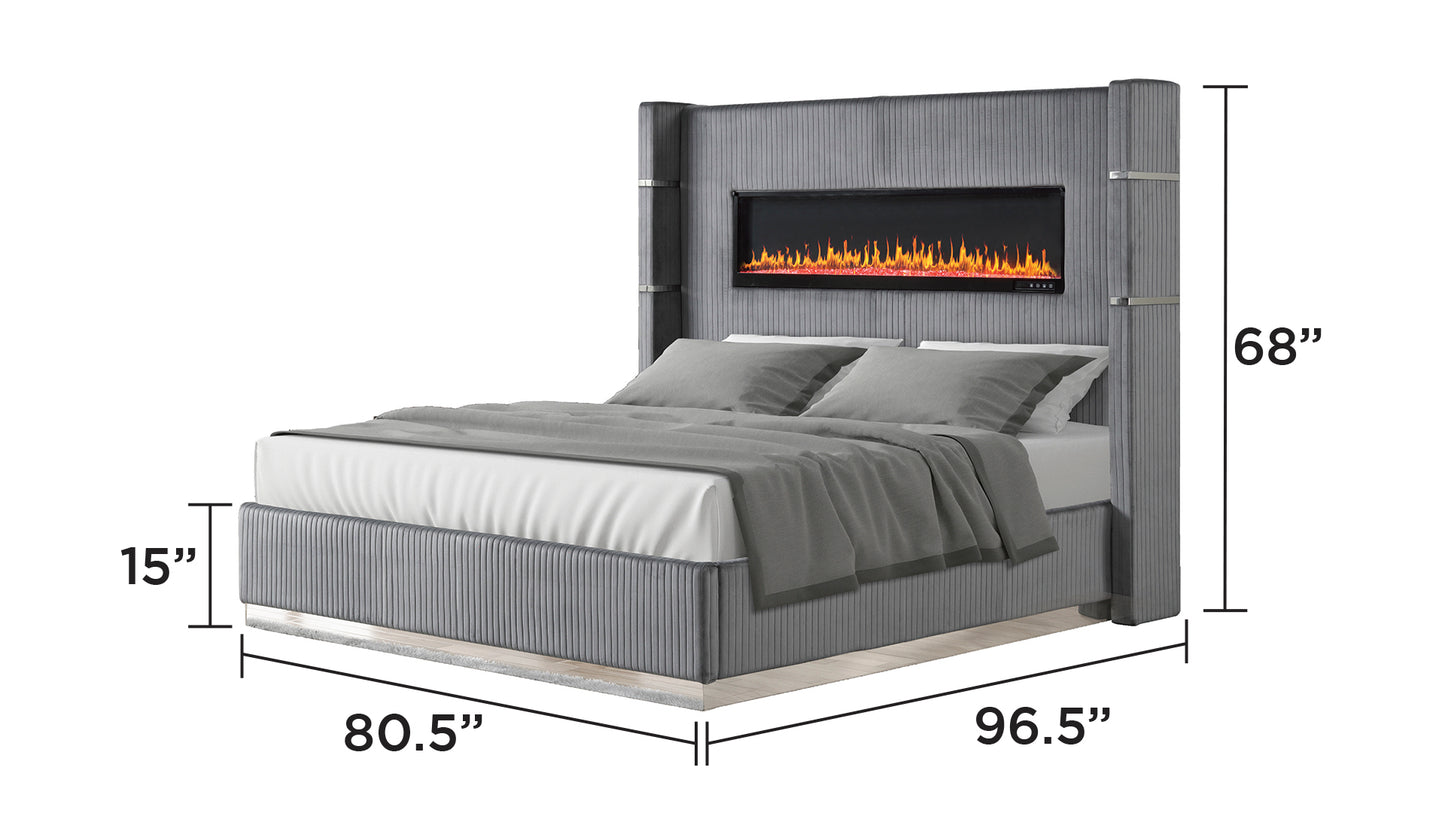 King Gray Wood Bed with Ambient Lighting for Bedroom