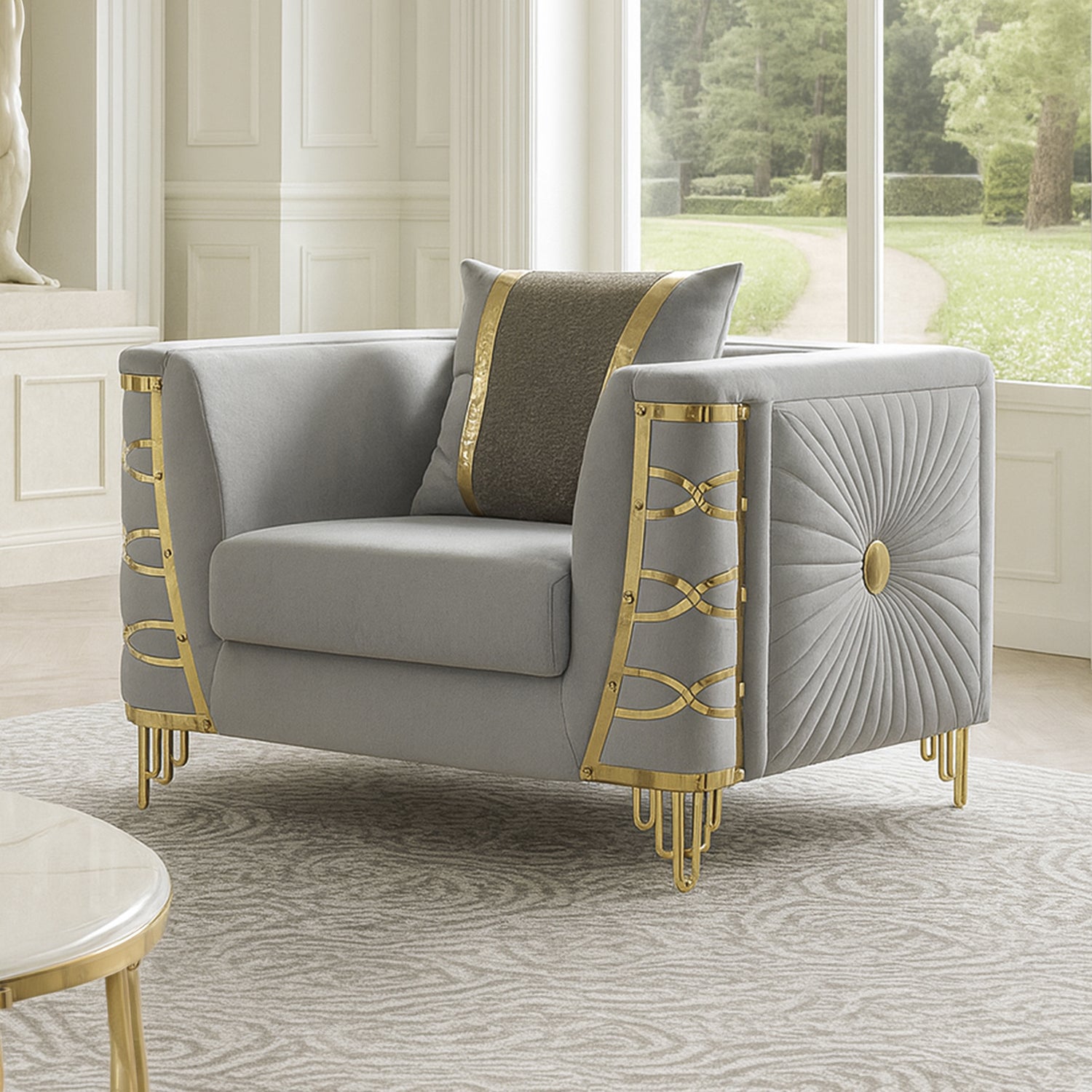 Contessa Modern Fabric Accent Chair with Gold Metal Side Frame and Channel Tufted Detailing in Gray