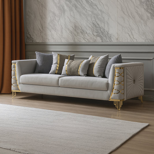 Contessa Modern Fabric Sofa with Gold Metal Arm Accents in Gray