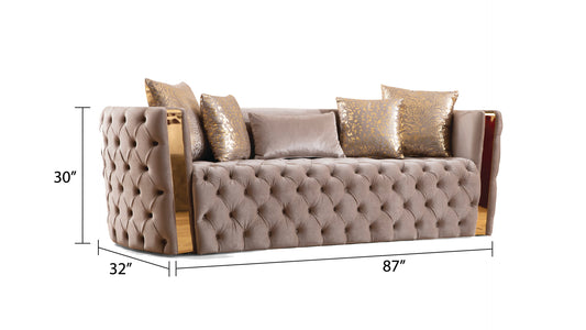 Naomi Sofa: Luxurious Taupe Velvet with Gold Accents