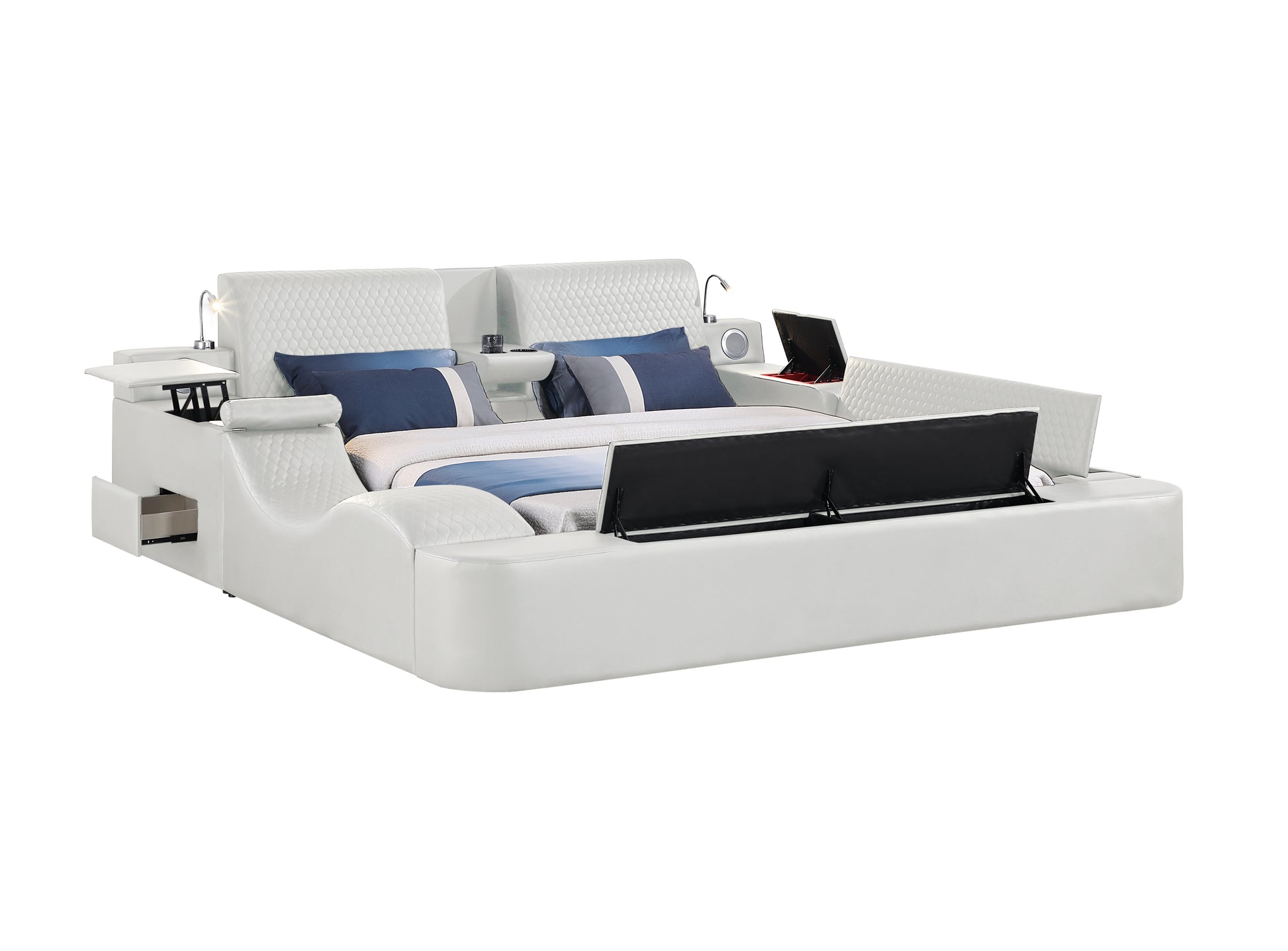 Queen Size Beige Wood Bed Frame Massage Chaise