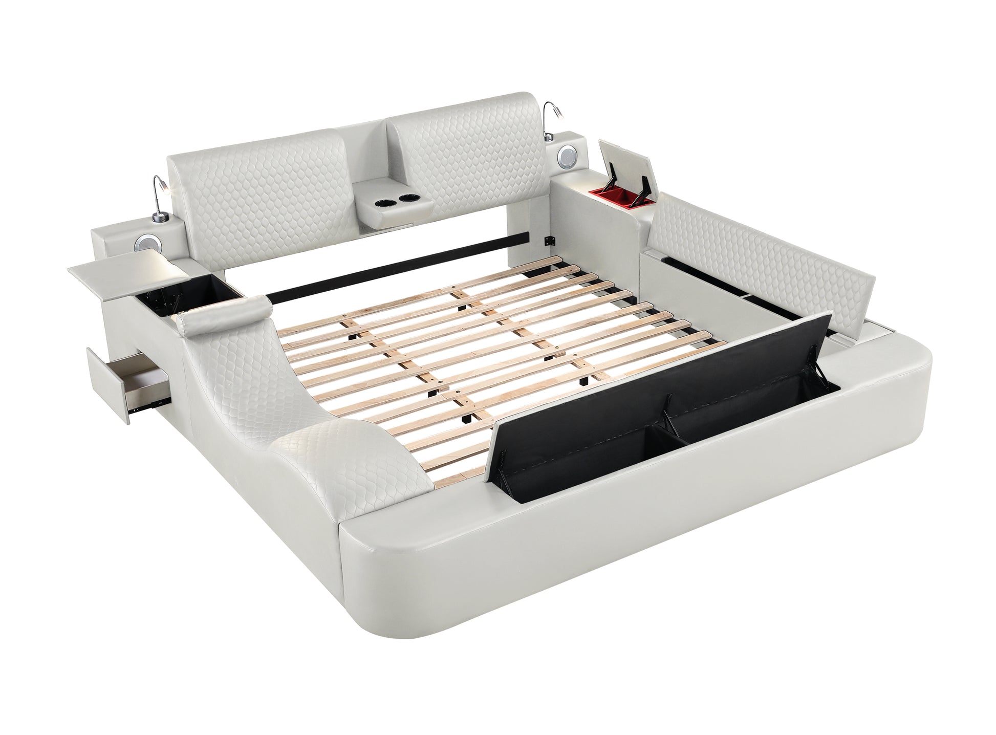 Queen Size Beige Wood Bed Frame Massage Chaise