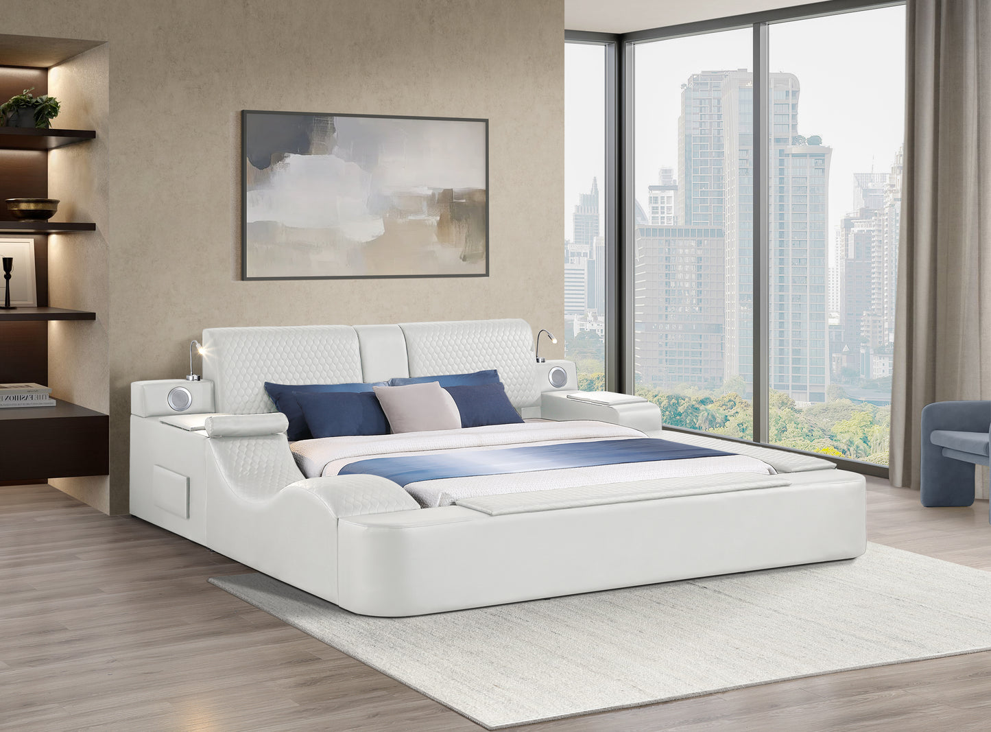 ZOYA Smart Multifunctional massager Queen Size Bed Made with Wood and Faux Leather in Beige