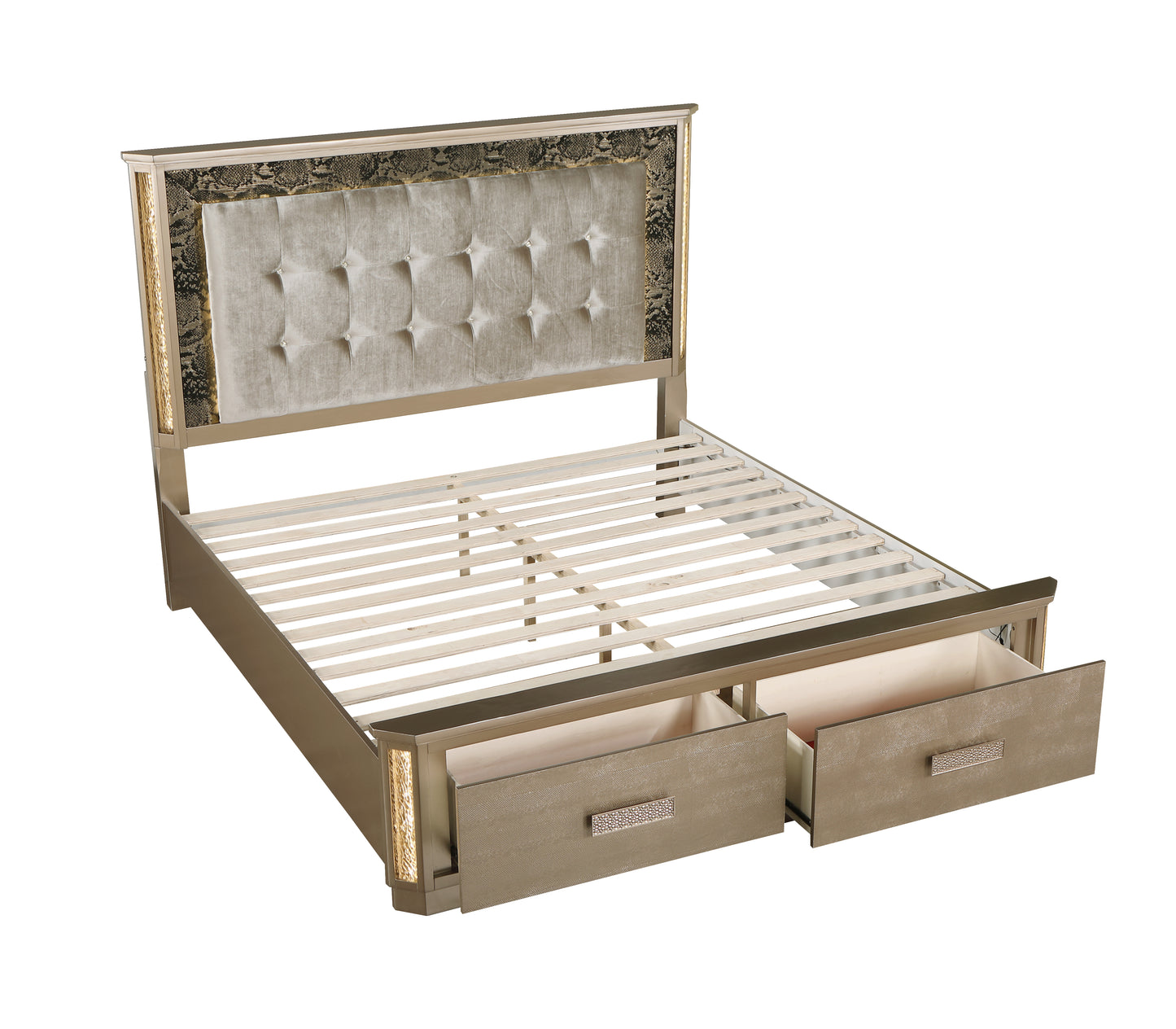 Gold Queen Bed Frame - Modern Wood Slat Bed