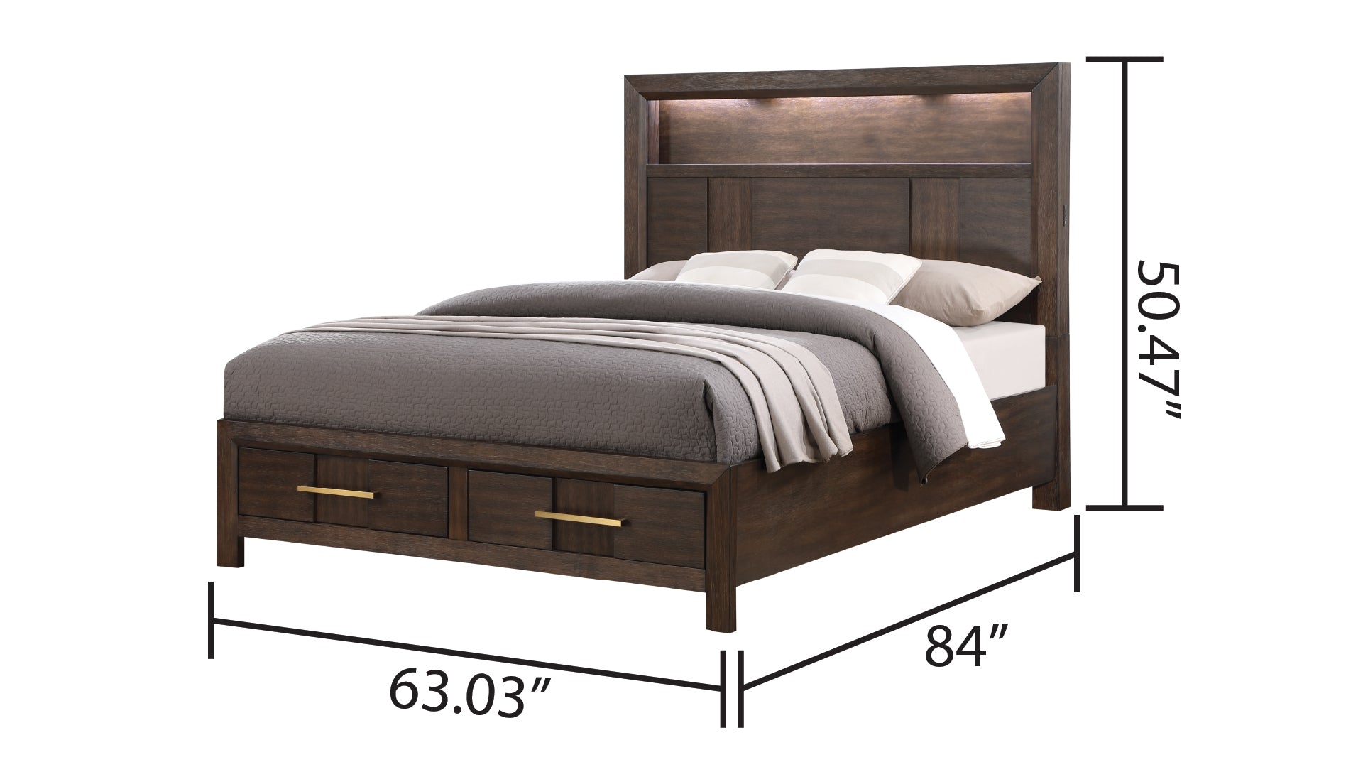 Queen Walnut Wood Bed Frame with LED Headboard