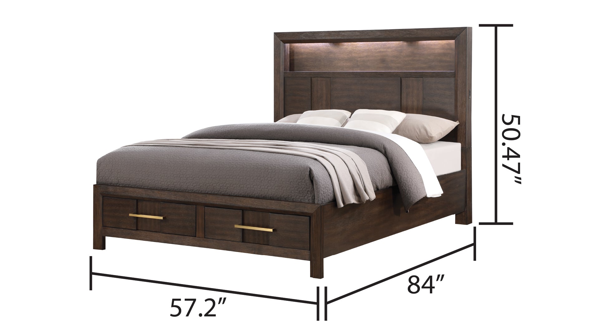 Full Slat Bed Frame Walnut Wood Headboard with Storage for Bedroom