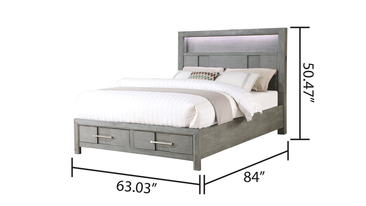 Queen Bed with Storage & LED Headboard - Gray Modern Style
