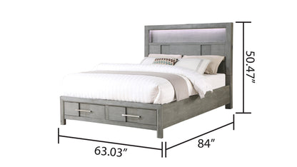 Queen Bed with Storage & LED Headboard - Gray Modern Style