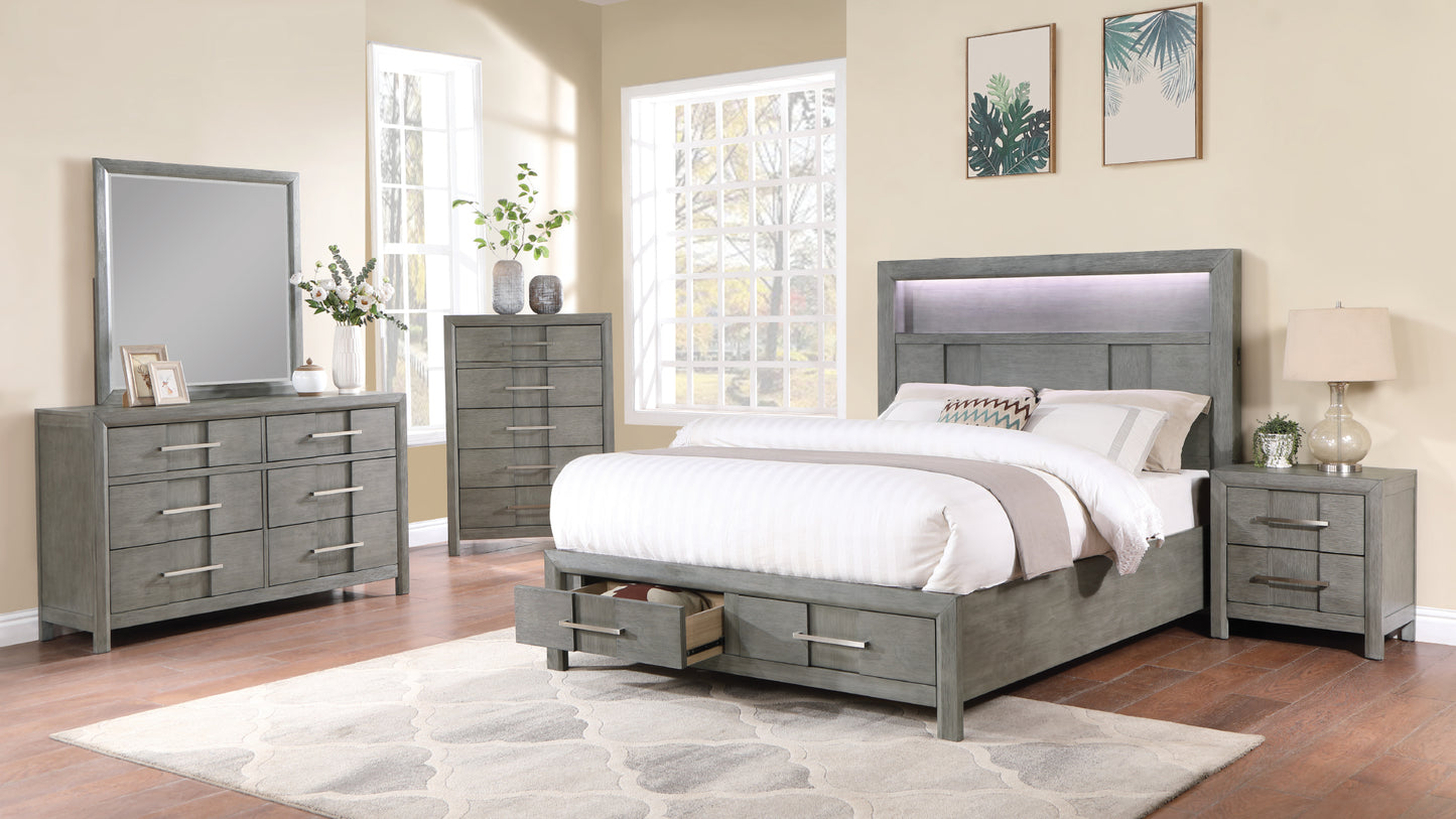 Queen Bed with Storage & LED Headboard - Gray Modern Style