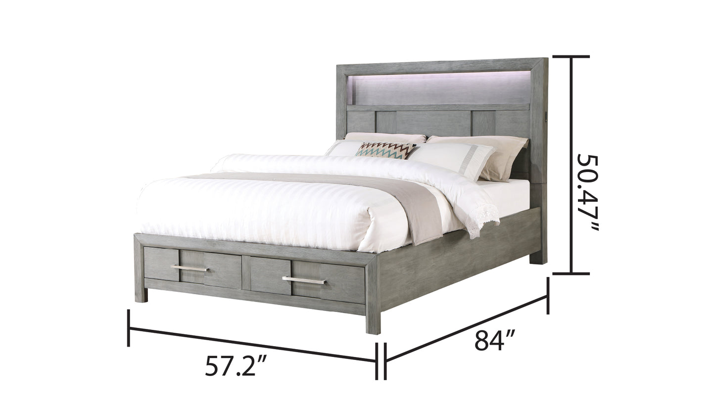 Full Gray Wood Bed Frame with LED Headboard