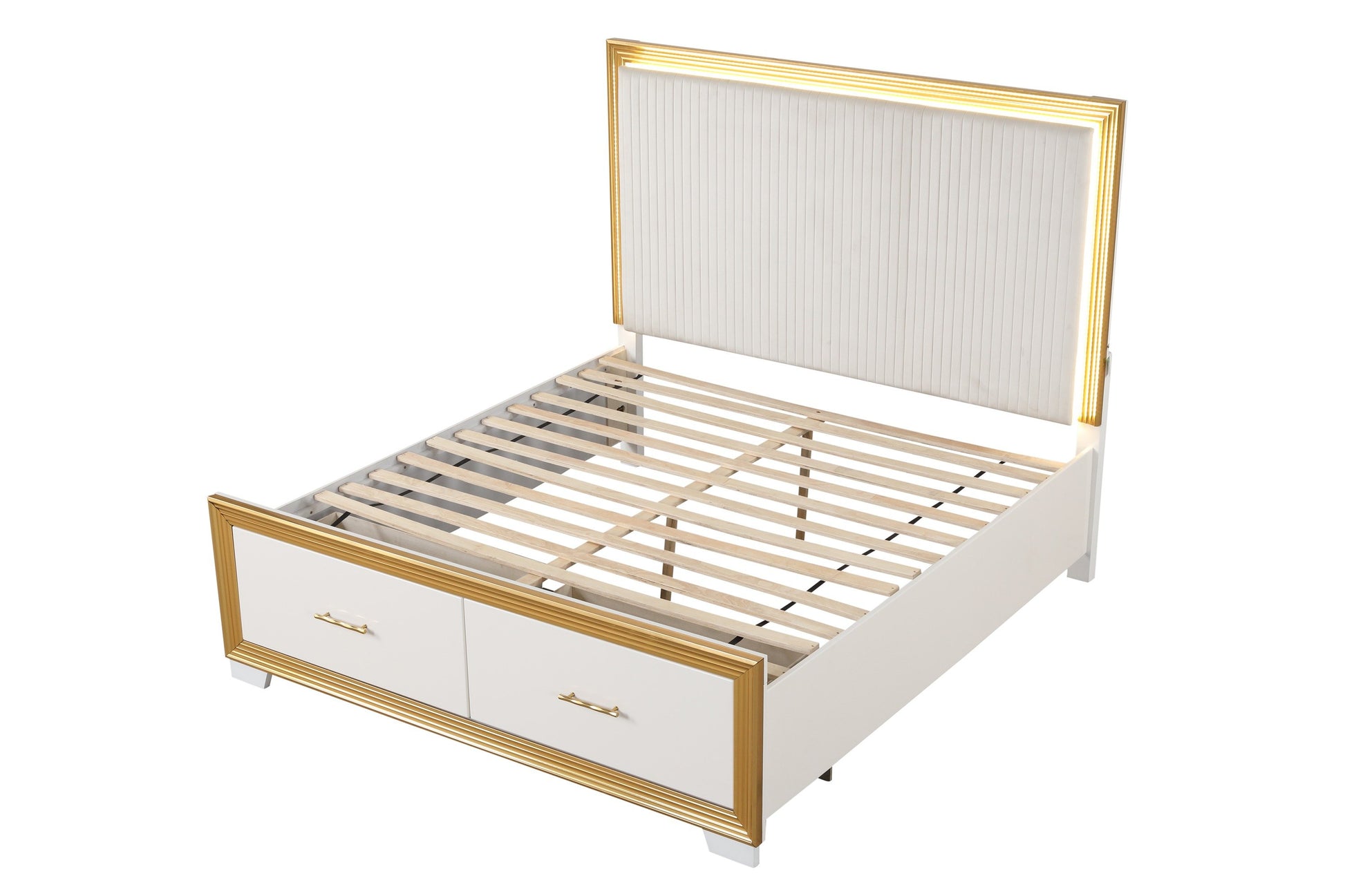 Contemporary Queen Tufted Bed - White Wood Frame for Bedroom