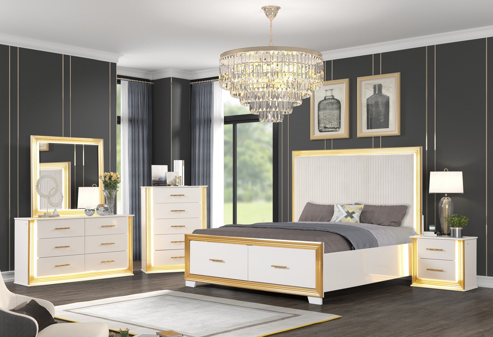 Contemporary Queen Tufted Bed - White Wood Frame for Bedroom