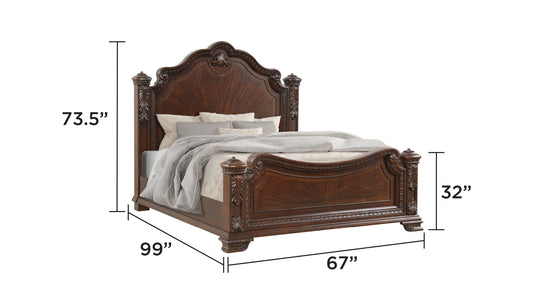 Traditional Queen Bed Frame Walnut Wood Intricate Carvings