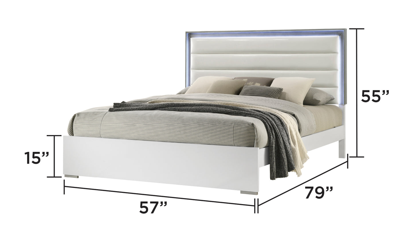 Full White Wood Bed Frame with LED Headboard