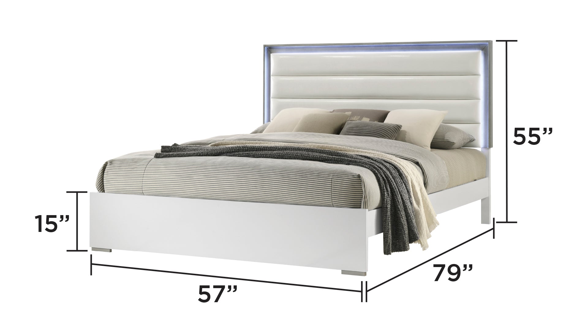 Full White Wood Bed Frame with LED Headboard