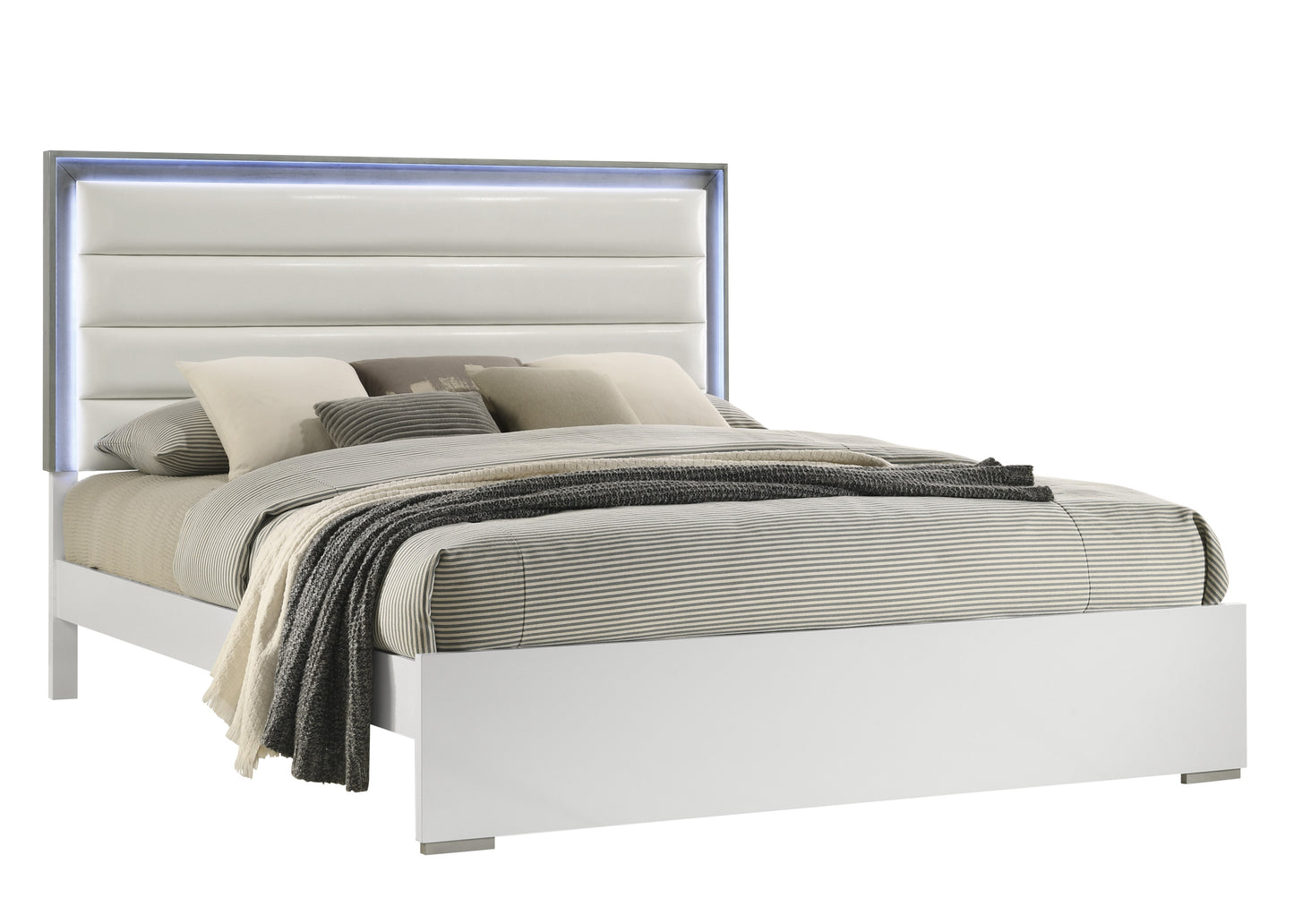 Full White Wood Bed Frame with LED Headboard