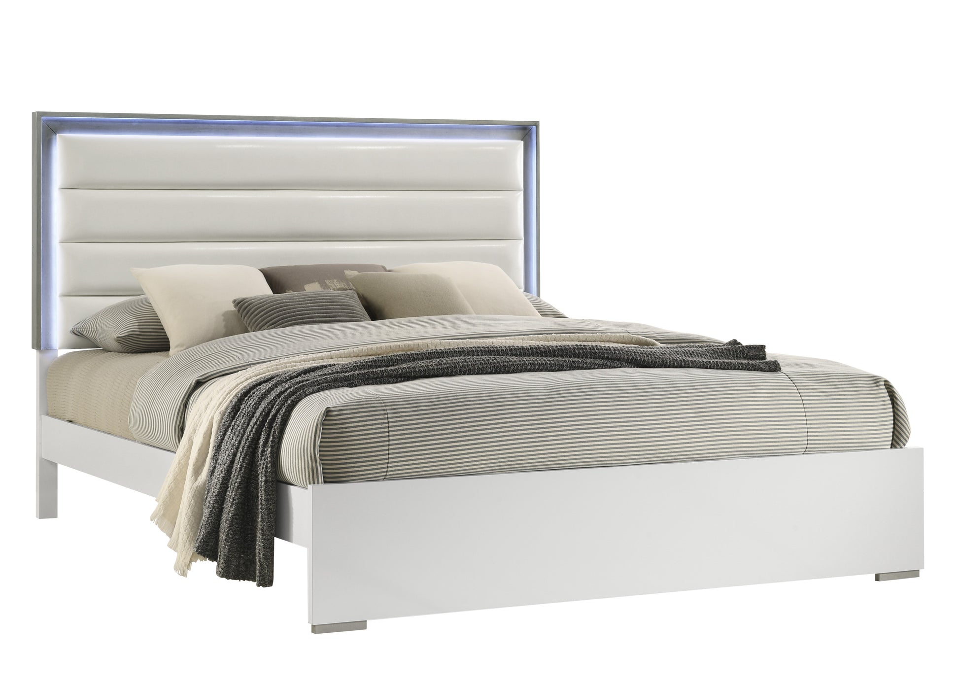 Full White Wood Bed Frame with LED Headboard