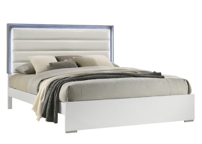 Full White Wood Bed Frame with LED Headboard