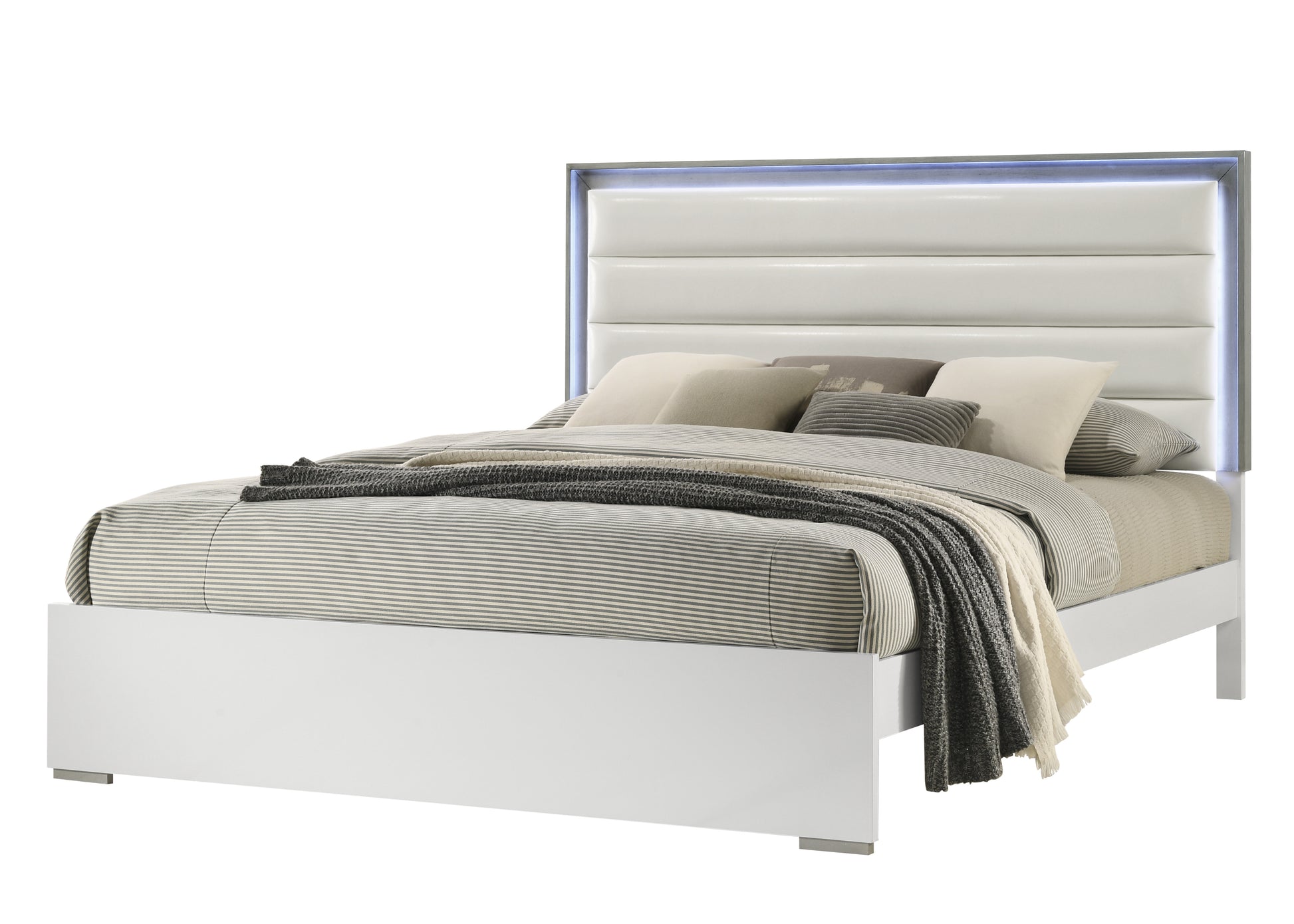 Full White Wood Bed Frame with LED Headboard