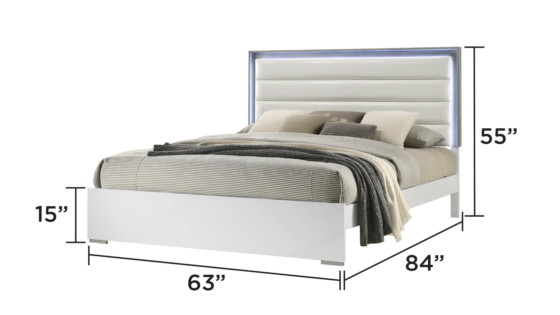 Olivia Queen Bed - White, Wood & LED Headboard