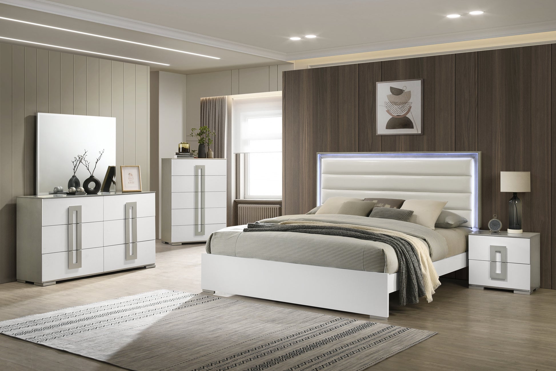 Olivia Queen Bed - White, Wood & LED Headboard