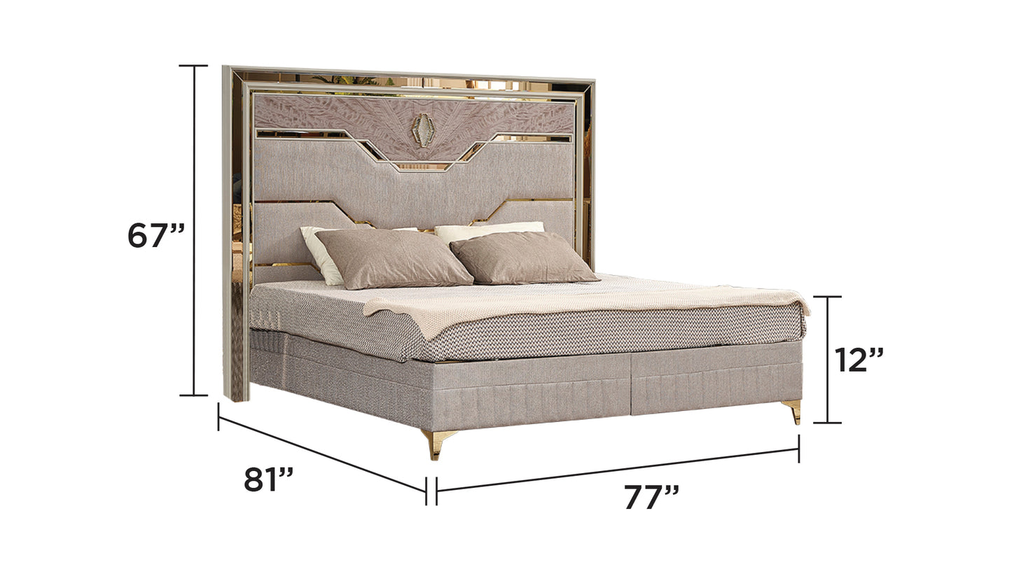 King Upholstered Bed - Beige & Wood Storage