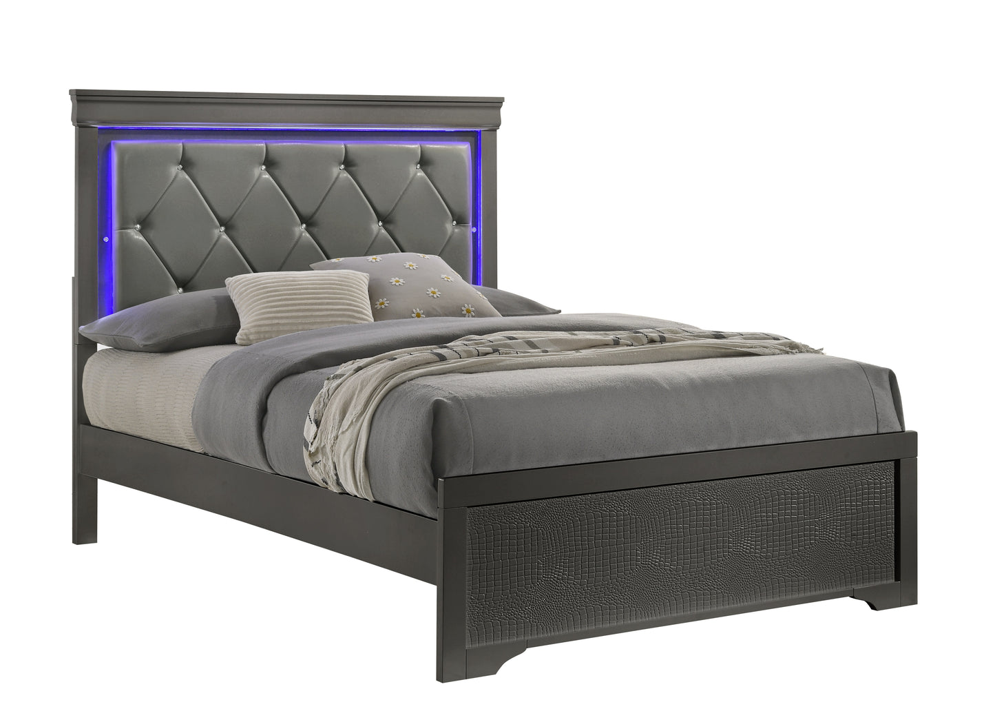 Modern Metallic Grey Twin Bed with LED Headboard