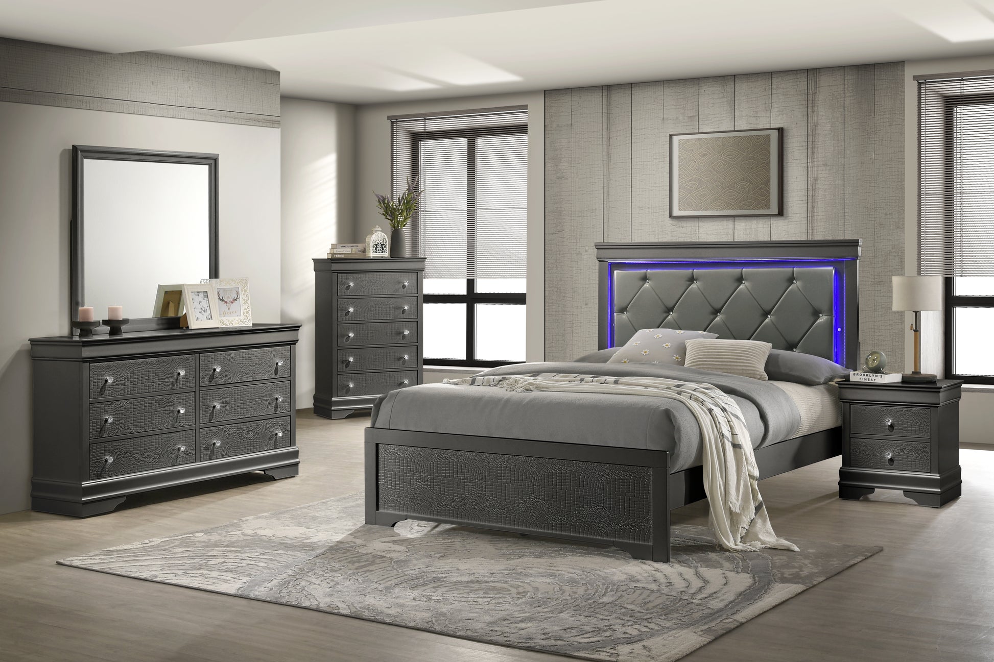 Modern Metallic Grey Twin Bed with LED Headboard