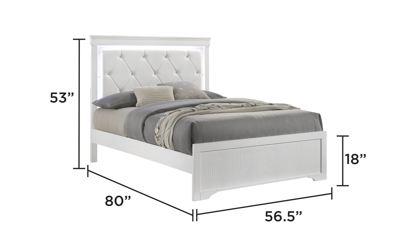 Full White Wood Bed Frame with LED Headboard