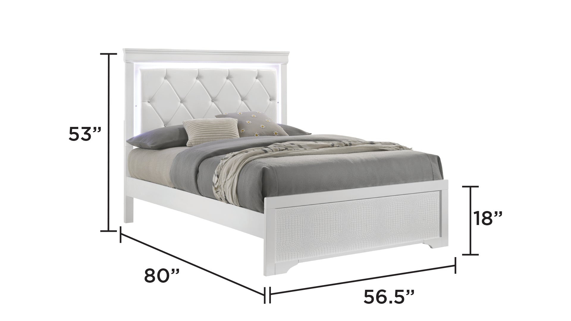Full White Wood Bed Frame with LED Headboard