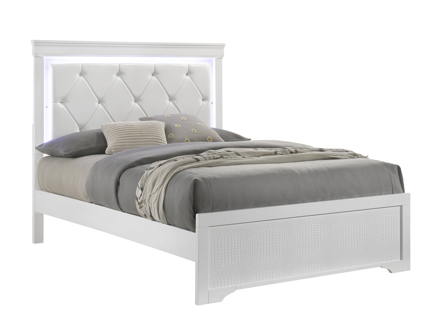 Full White Wood Bed Frame with LED Headboard