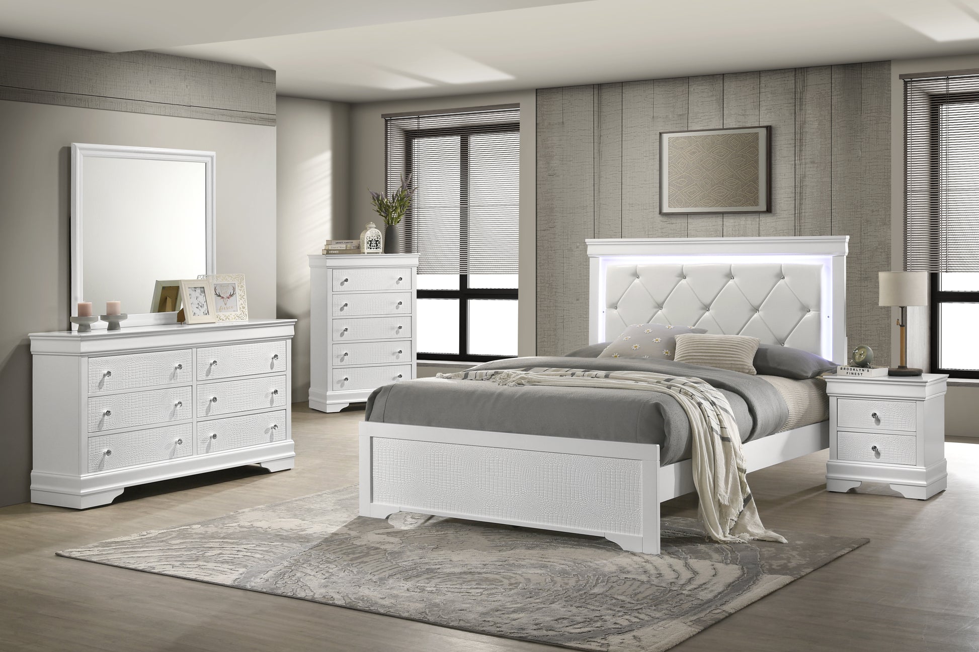 Full White Wood Bed Frame with LED Headboard