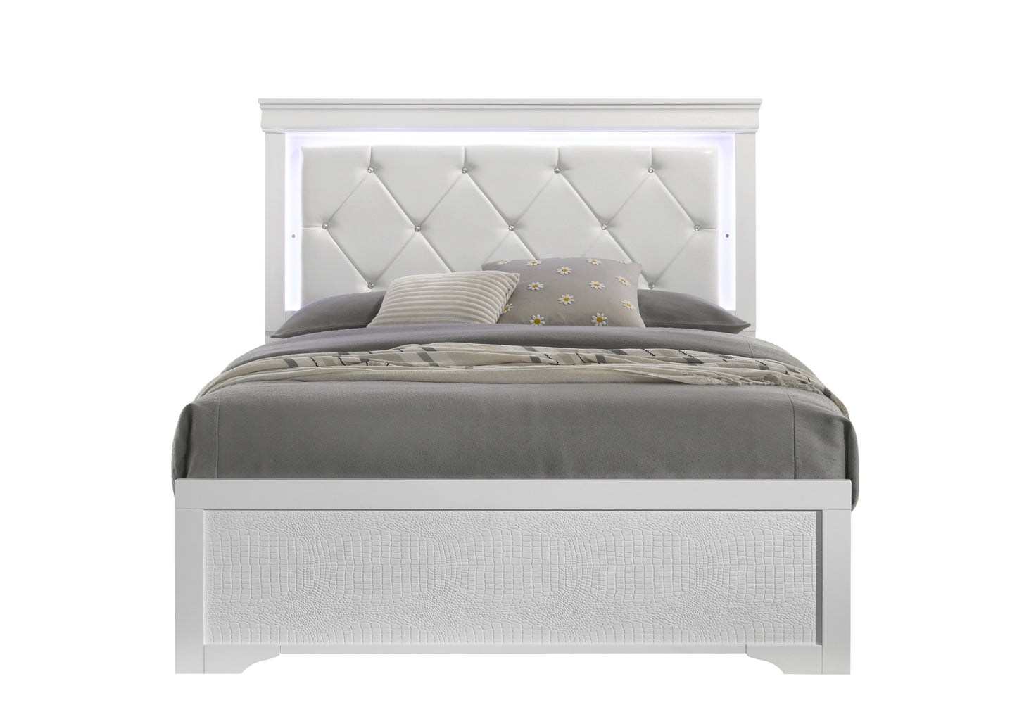 Blaze Upholstered Modern Style Full Bed Made with LED Headboard & Wood in White