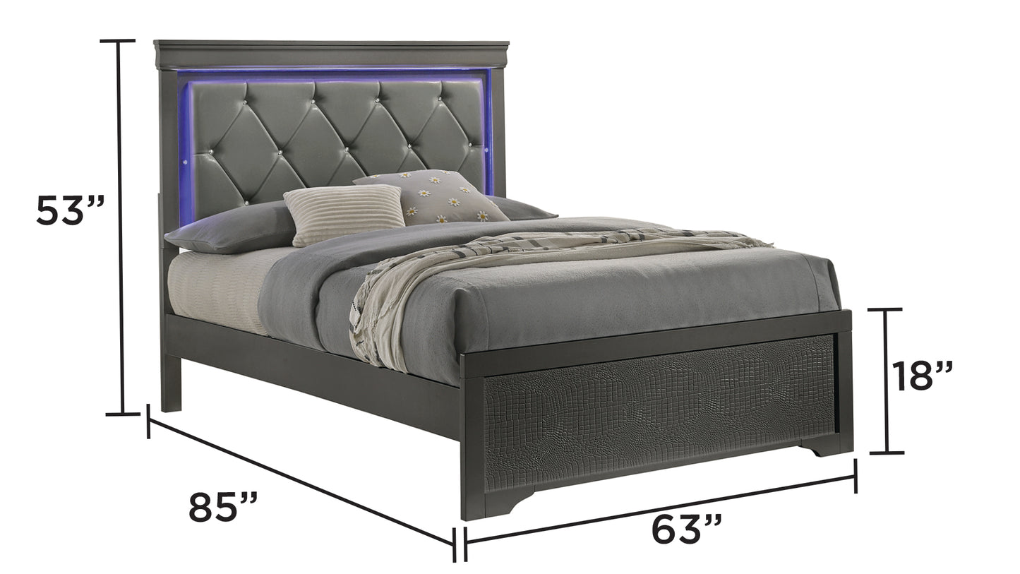 Modern Metallic Grey Queen Bed with LED Headboard