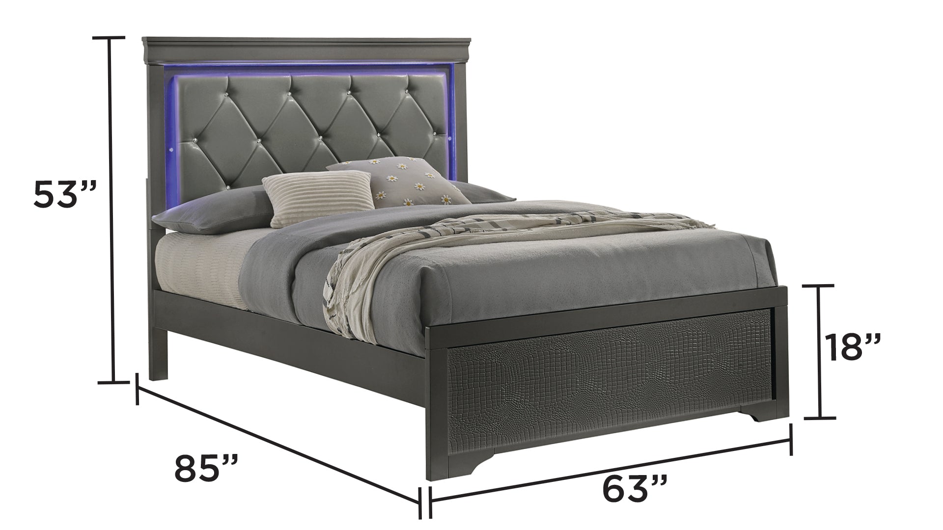 Modern Metallic Grey Queen Bed with LED Headboard