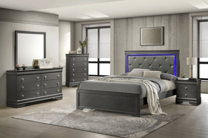Modern Metallic Grey Queen Bed with LED Headboard