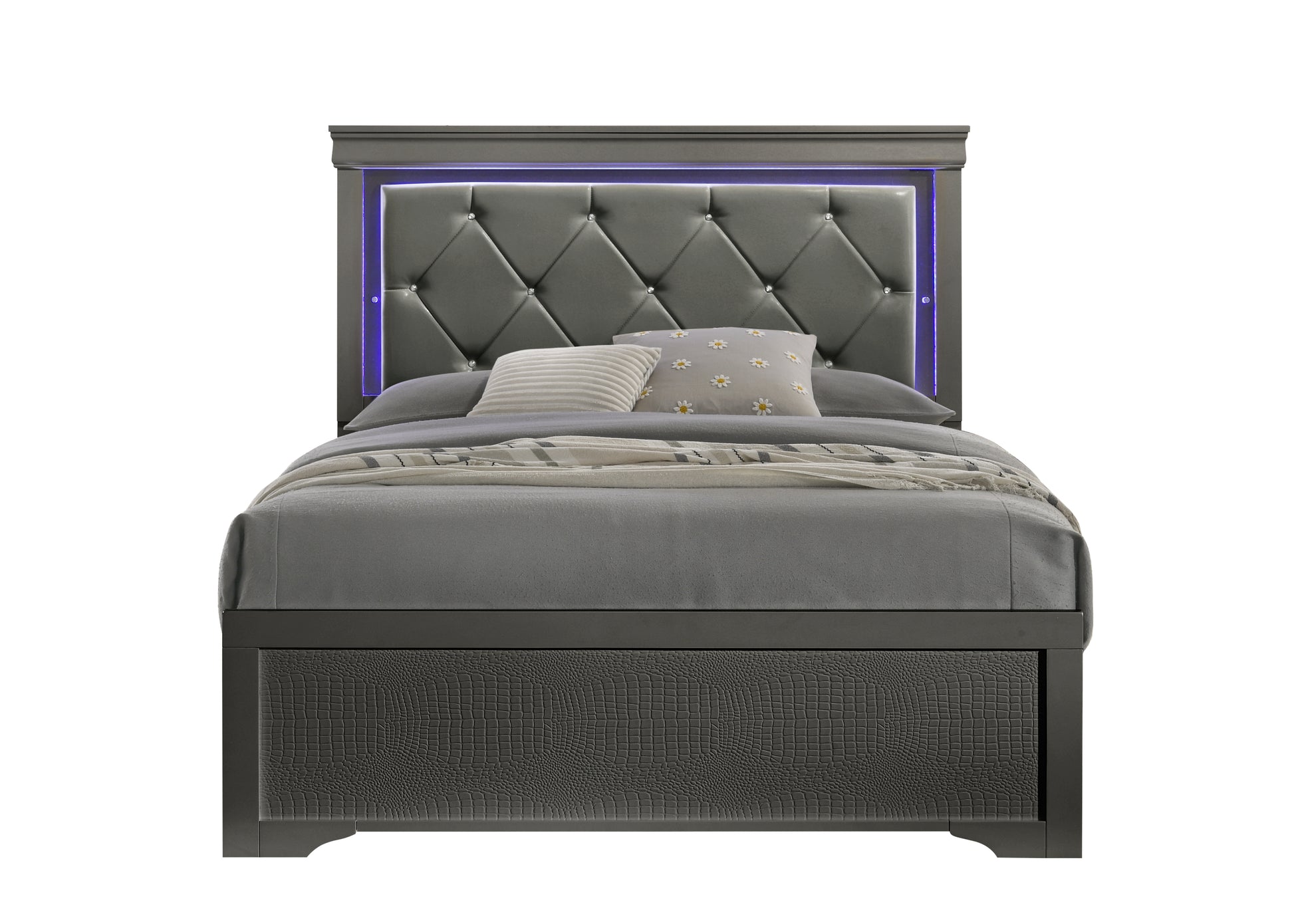 Blaze Upholstered Modern Style Queen Bed Made with LED Headboard & Wood in Metallic Gray