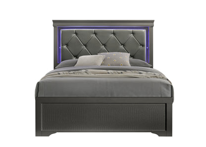 Blaze Upholstered Modern Style King Bed Made with LED Headboard & Wood in Metallic Gray
