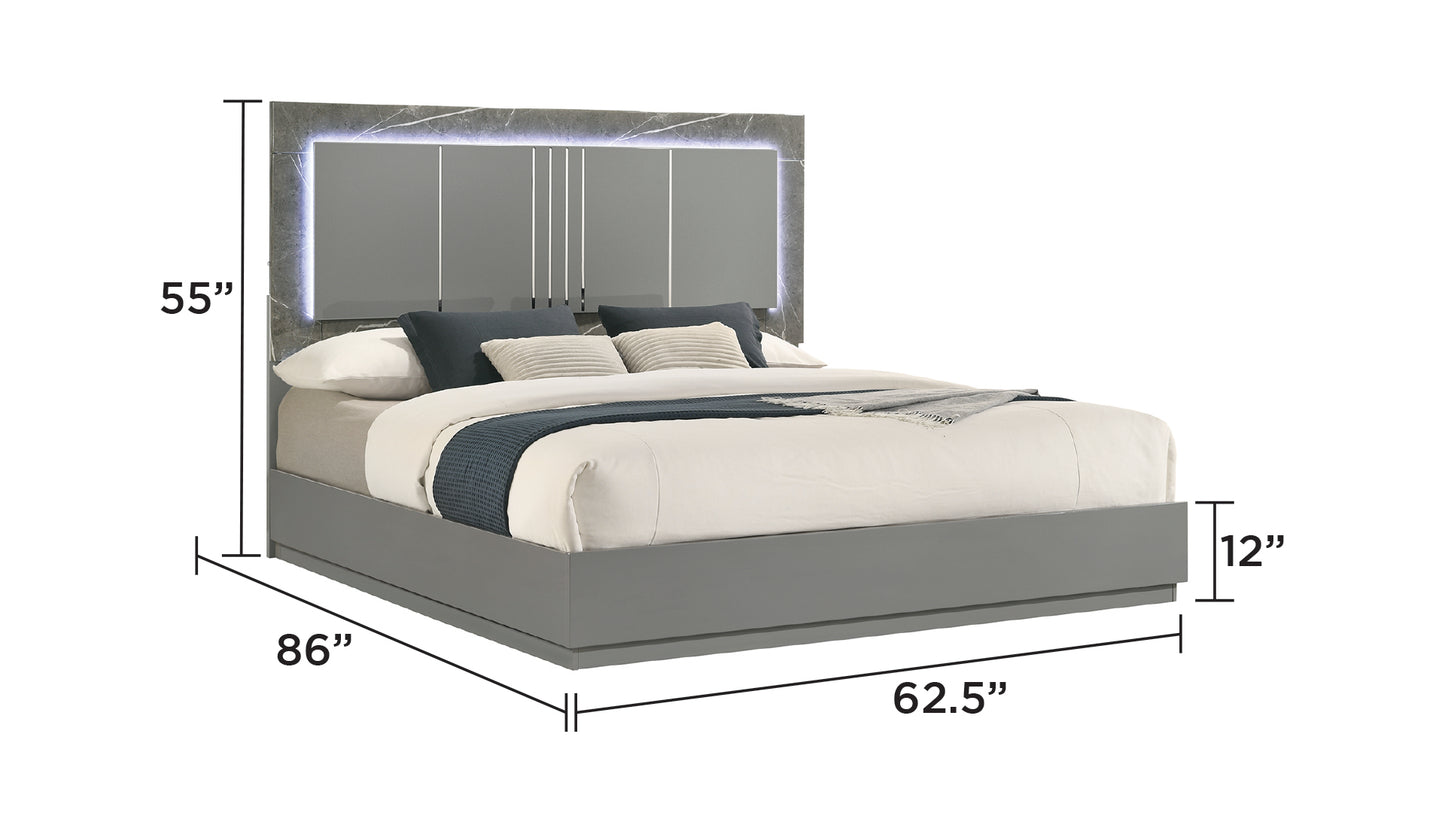 Queen Gray Wood Bed Frame with LED Headboard for Bedroom