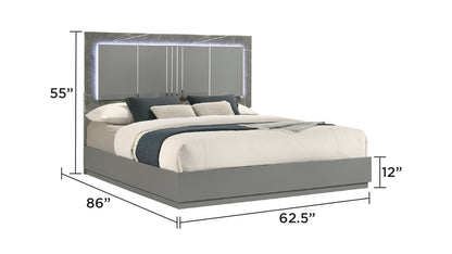 Queen Gray Wood Bed Frame with LED Headboard for Bedroom