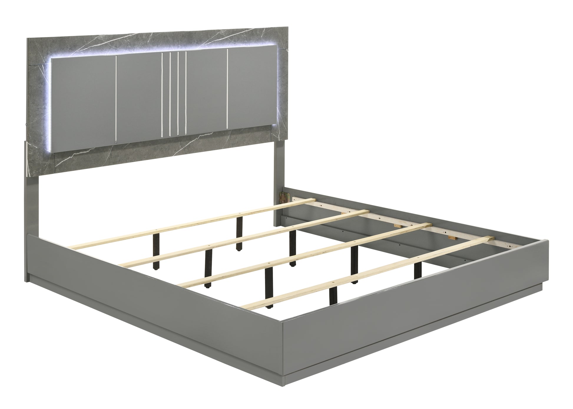 Queen Gray Wood Bed Frame with LED Headboard for Bedroom