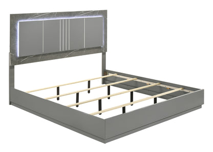 Queen Gray Wood Bed Frame with LED Headboard for Bedroom