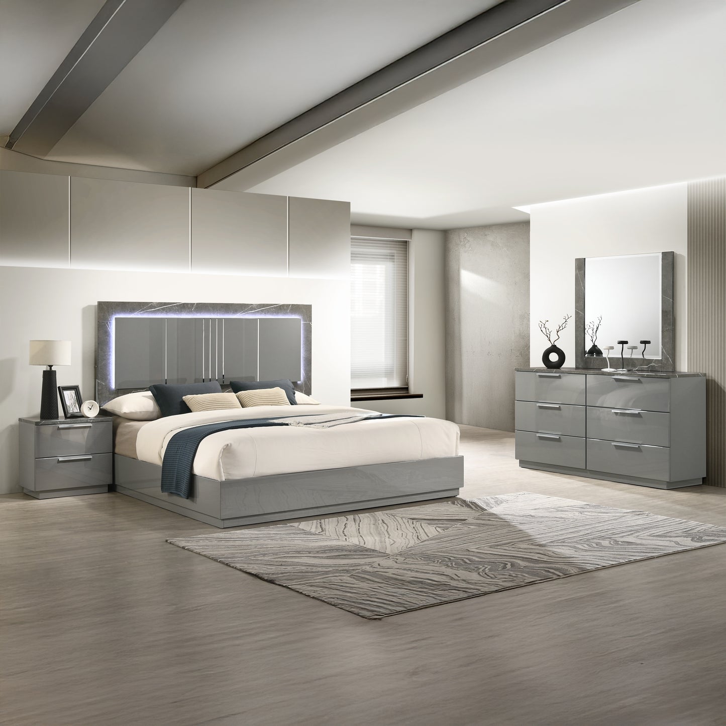 Queen Gray Wood Bed Frame with LED Headboard for Bedroom