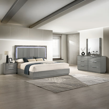 Queen Gray Wood Bed Frame with LED Headboard for Bedroom