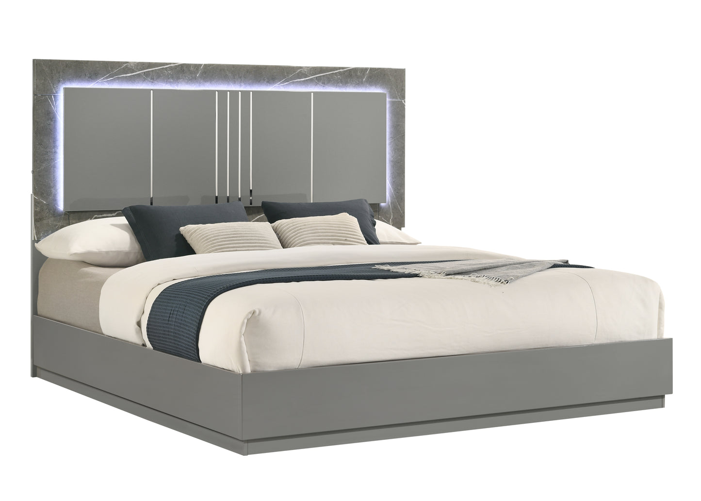 Elara Queen Bed – Two-Tone High-Gloss Marble & Lacquer Finish with LED Lighting, Metal-Finished Legs- Gray